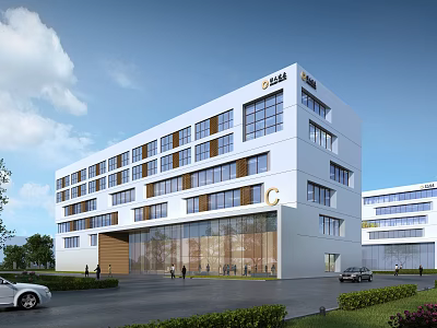 Modern White Office Building With C Logo Large Glass Windows Main Entrance And Landscaped Lawns 3d model
