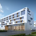 Modern White Office Building With C Logo Large Glass Windows Main Entrance And Landscaped Lawns