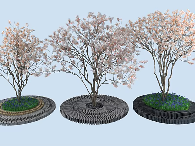 Ornamental Trees with Pink Blossoms on Circular Gear Shaped Bases Green Grass and Purple Flowers 3d model