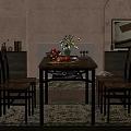 Warm Modern Restaurant Interior With Wooden Dining Table Chairs Vase Fruits And Decorative Painting