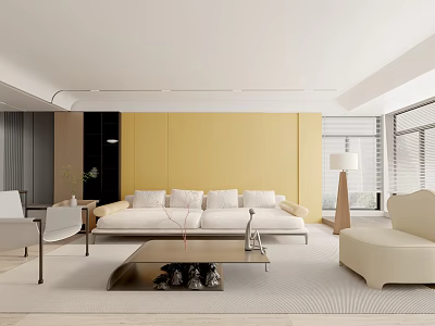 Modern Living Room Interior With Yellow Wall White Sofa Coffee Table And Floor Lamp 3d model