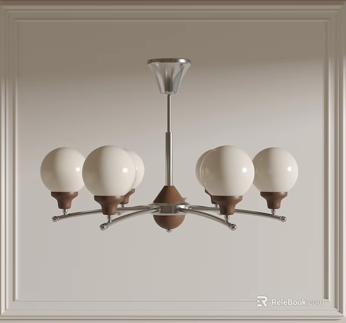 Modern Minimalist Chandelier With White Globes And Brown Bases On Metal Frame 3d model 