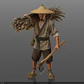 Man Wearing Straw Hat Carrying Firewood With Axe In Traditional Clothing