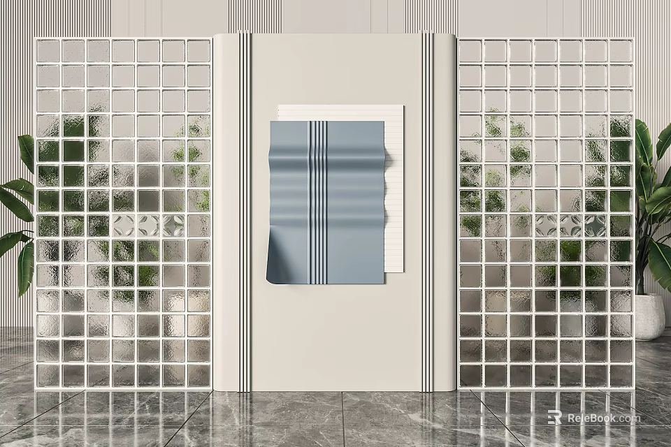 Light Colored Partition Design With Blue Striped Decoration And Grid Like Sides Near Green Plants 3d model 