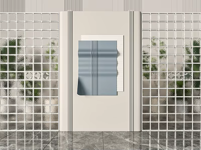Light Colored Partition Design With Blue Striped Decoration And Grid Like Sides Near Green Plants 3d model