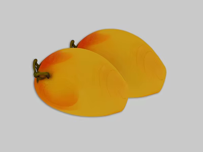 Two Fresh Ripe Mangoes With Yellow Orange Skin And Green Stems On Grey Background 3d model