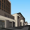 Modern Commercial Street With Retail Shops Pedestrians Outdoor Seating And Evening Atmosphere