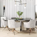 Elegant Modern Restaurant Interior With Dining Table Upholstered Chairs Pendant Lights And Green Plants