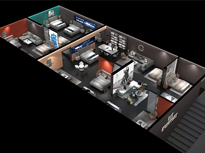 Interior Design Exhibition Showcasing Multiple Room Layouts With Beds Tables And Chairs 3d model
