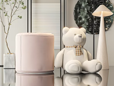 Pink Padded Kids Chair with White Teddy Bear in Modern Cozy Interior 3d model
