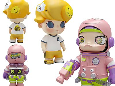 Cute Collectible Dolls Featuring Yellow Hair White Shirt Superstar Print And Pink Astronaut Mechanical Arm 3d model