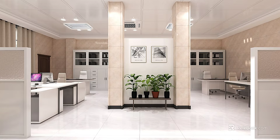 Public Office Space With Desks Chairs Filing Cabinets Potted Plants And Decorative Paintings 3d model 