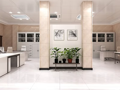 Public Office Space With Desks Chairs Filing Cabinets Potted Plants And Decorative Paintings 3d model
