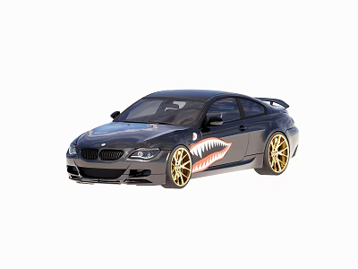 Black Two Door Coupe Car With Gold Wheels And Shark Mouth Graphic 3d model