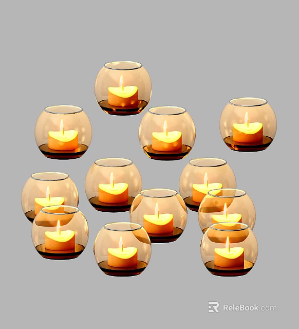 Multiple Round Transparent Glass Candle Lamps With Lit Candles For Decoration 3d model 