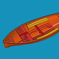 Orange Wooden Boat Floating On Calm Blue Water With Wooden Seats