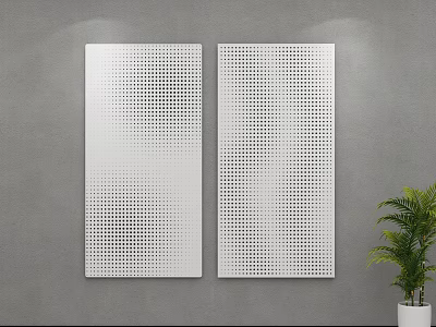 White Perforated Ceiling Panels Mounted On Grey Wall With Green Plant 3d model
