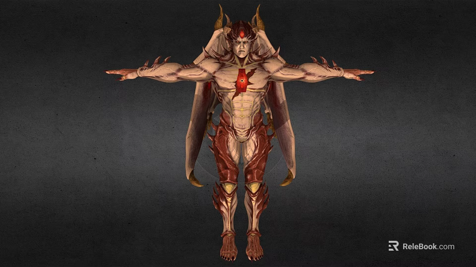 Game Demon Character with Horns Red Glowing Chest Wing Structures Arms Outstretched Brown Red Armor 3d model 