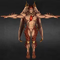 Game Demon Character with Horns Red Glowing Chest Wing Structures Arms Outstretched Brown Red Armor