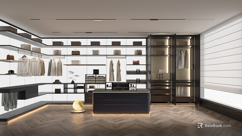 Modern Walk in Closet Interior With Open Shelves Hanging Rods And Wooden Flooring 3d model 