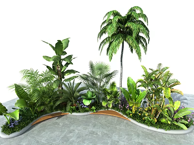 Tropical Green Plant Landscape With Palm Tree Banana Leaves Curved Wooden Path And Small Flowers 3d model