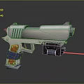 Futuristic Sci-Fi Weapon with Silver Metallic Body Brown Wooden Grip Red Laser and Mechanical Structure