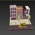 Colorful Cartoon Street Scene With Stylish Buildings Trees And Yellow Car
