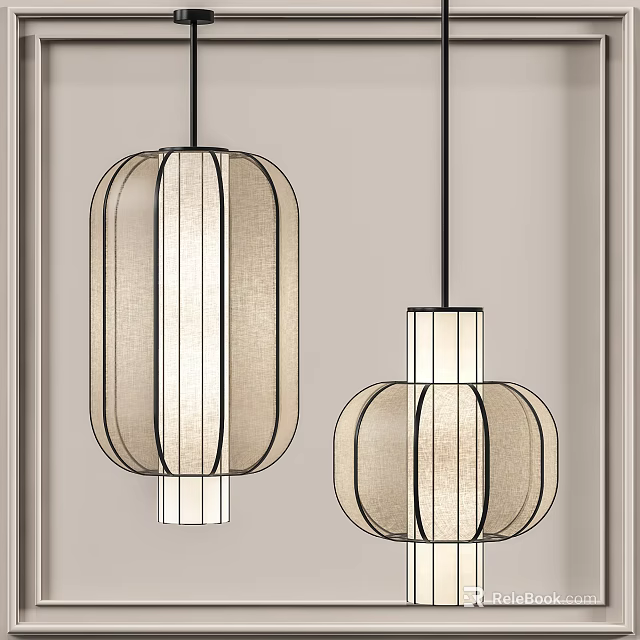 Modern Hanging Lanterns with Beige Fabric Striped Design for Indoor Interior Decoration 3d model 