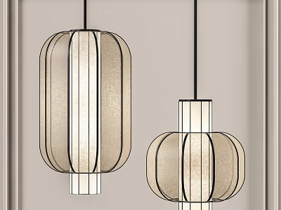Modern Hanging Lanterns with Beige Fabric Striped Design for Indoor Interior Decoration 3d model