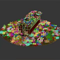 Red Train Carriage Model Overgrown with Green Plants and Grass on Circular Base