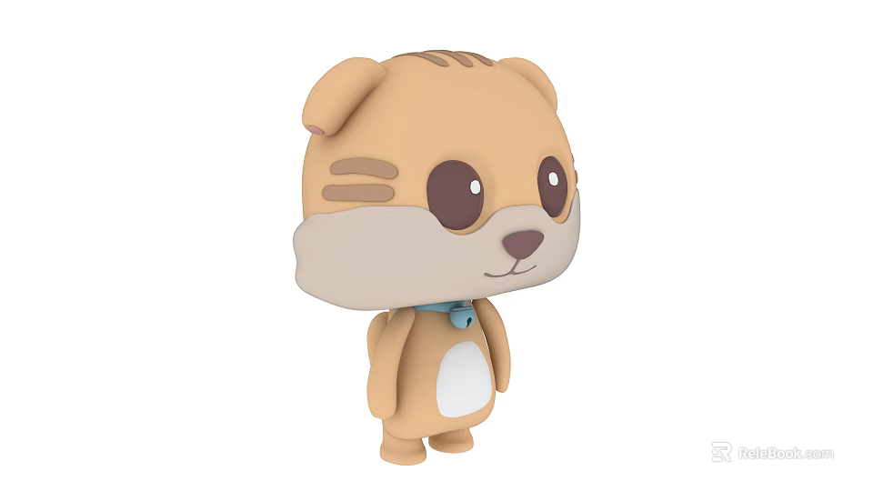 Cute Cartoon Style Brown And White Plush Toy With Big Eyes And Blue Bow Tie 3d model 