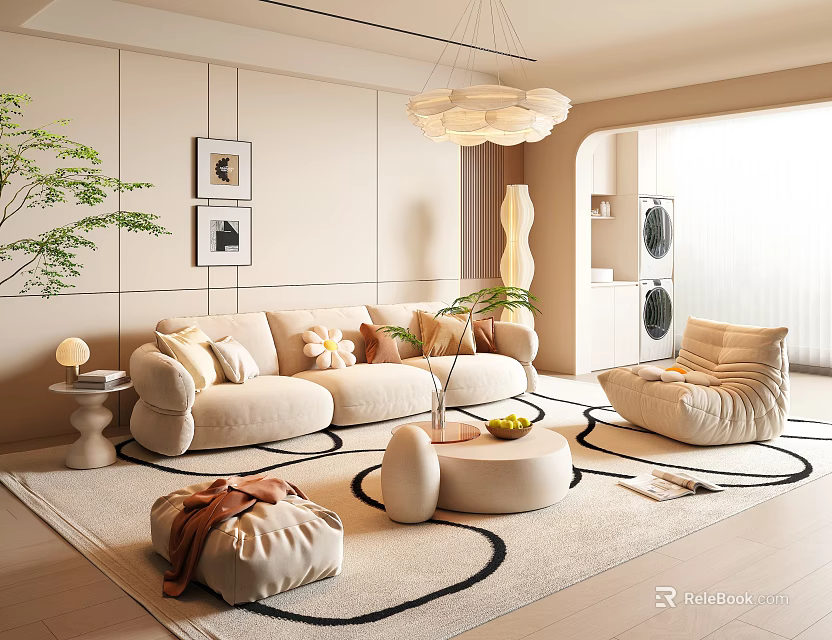 Modern Living Room Interior With Beige Sofa Circular Rug Chandelier And Decorative Paintings 3d model 