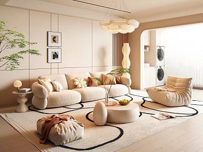 Modern Living Room Interior With Beige Sofa Circular Rug Chandelier And Decorative Paintings 3d model