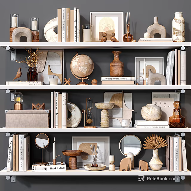 Modern Stylish Decorative Ornament Combination With Globe Vases Books Mirrors And Sculptures On Shelves 3d model 