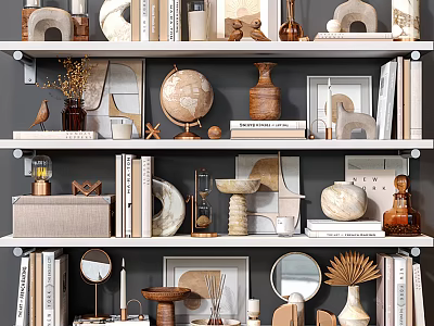 Modern Stylish Decorative Ornament Combination With Globe Vases Books Mirrors And Sculptures On Shelves 3d model