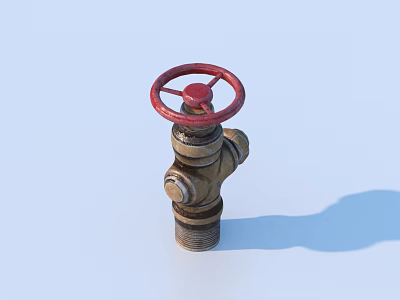 Metal Valve With Red Wheel Handle And Pipe Connections On Light Blue Background 3d model