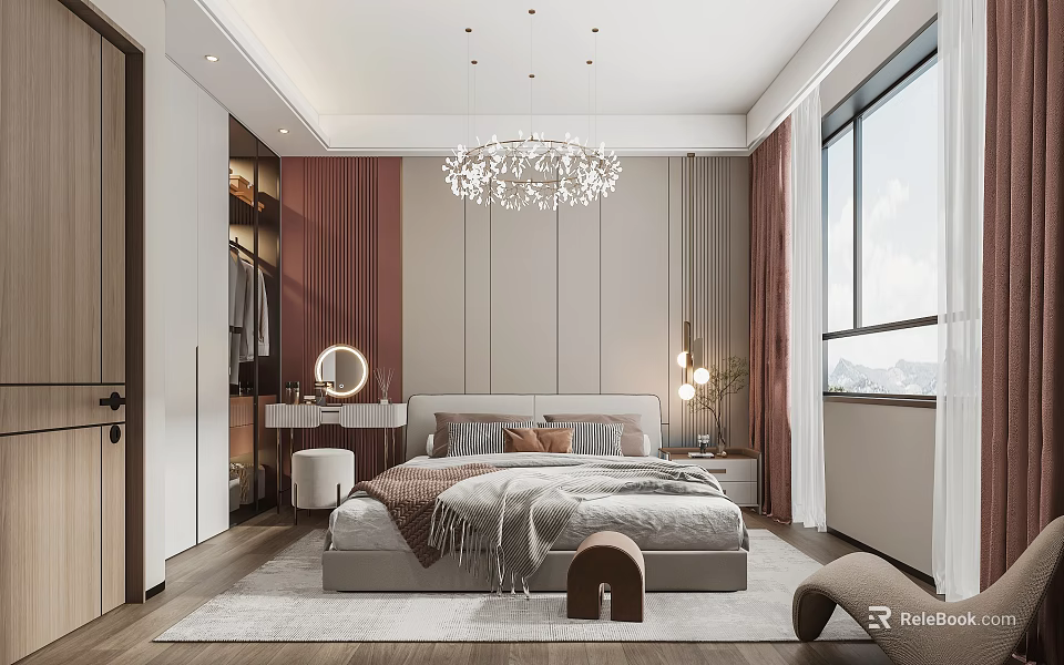Modern Bedroom Interior Design With Crystal Chandelier Upholstered Bed And Paneled Wall 3d model 
