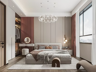 Modern Bedroom Interior Design With Crystal Chandelier Upholstered Bed And Paneled Wall 3d model