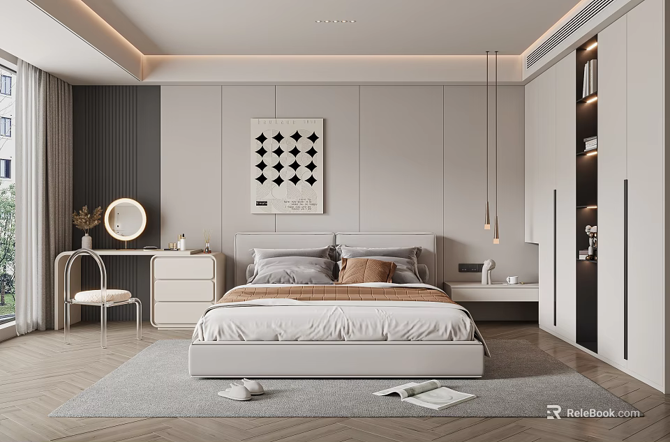 Modern Minimalist Bedroom Interior with Platform Bed Paneled Walls Hanging Pendant Lights and Area Rug 3d model 