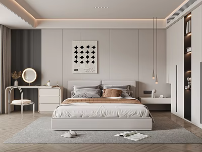 Modern Minimalist Bedroom Interior with Platform Bed Paneled Walls Hanging Pendant Lights and Area Rug 3d model