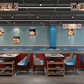 Hot Pot Restaurant Interior With Dining Tables Chairs And Food Images On Walls