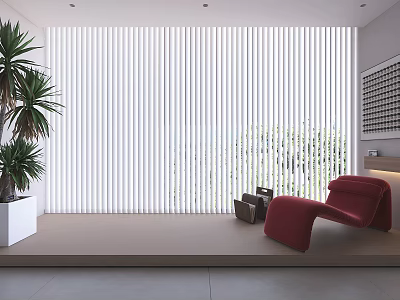 White Vertical Blinds For Large Window In Modern Interior With Green Plants And Red Armchair 3d model