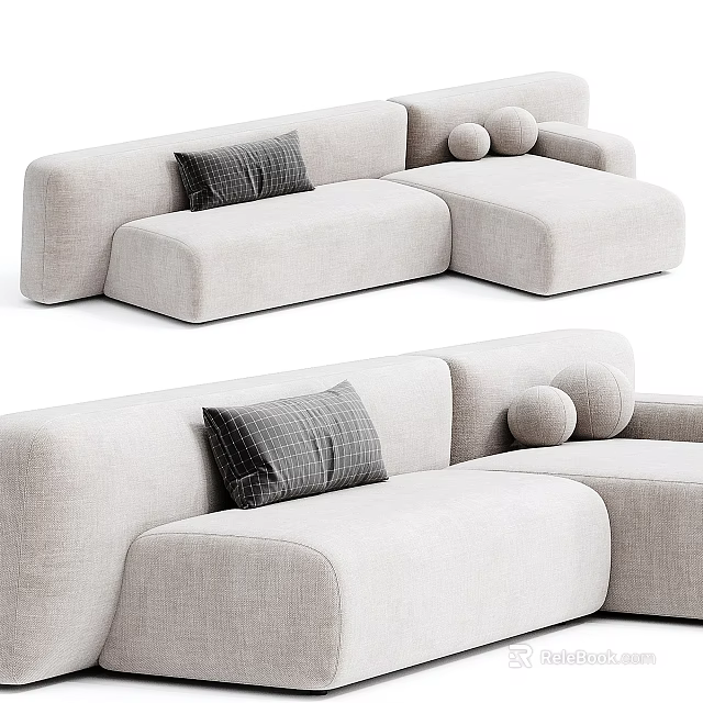 Light Beige Upholstered Sectional Sofa with Plaid Pillow Round Cushions Modern Style 3d model 