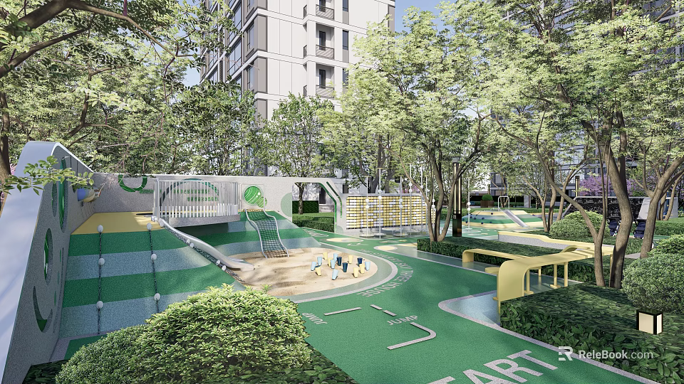 Safe Outdoor Children's Playground With Lush Green Trees Slides Colorful Ground And Kids Playing 3d model 