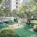 Safe Outdoor Children's Playground With Lush Green Trees Slides Colorful Ground And Kids Playing