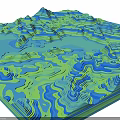 3D Terrain Model with Green Hilly Land and Blue Water Bodies