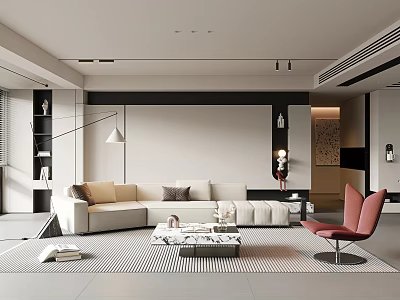 Modern Living Dining Room Interior With Beige Sofa Coffee Table And Red Chair 3d model