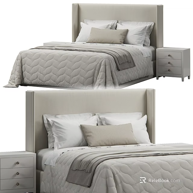 Elegant Upholstered Double Bed with Soft Pillows Quilt and Matching Wooden Nightstand 3d model 