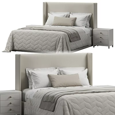 Elegant Upholstered Double Bed with Soft Pillows Quilt and Matching Wooden Nightstand 3d model