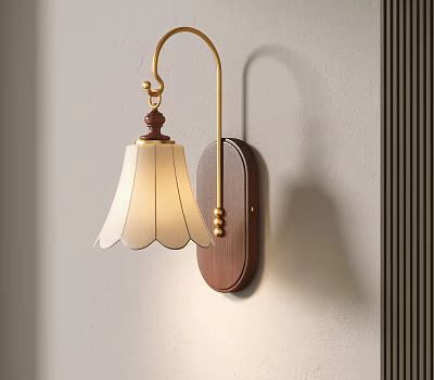 Modern Wall Lamp With Wooden Backplate Brass Finish And Petal Shade 3d model